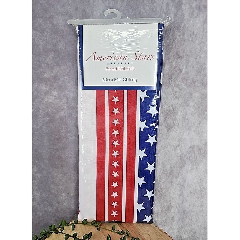 Patriotic Red White Blue Fabric Tablecloth Flag‎ Stars Stripes 60 x 84 Americana